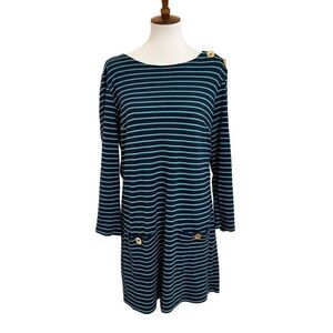 Sail to Sable Navy Blue & Green Striped Shift Dress Gold Buttons Size Large